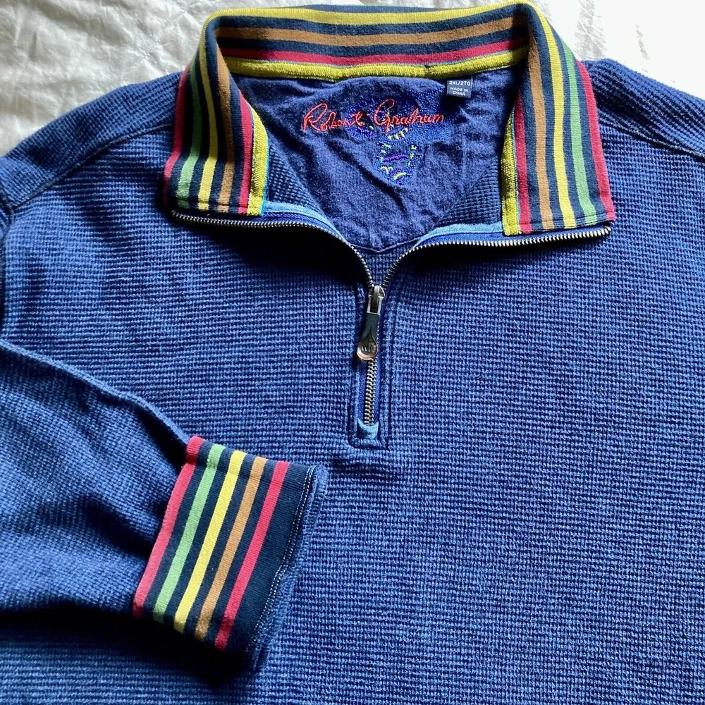 Robert Graham Mens 2XL Thermal Waffle Long Sleeve 1/4Zip Pullover Sweater Blue